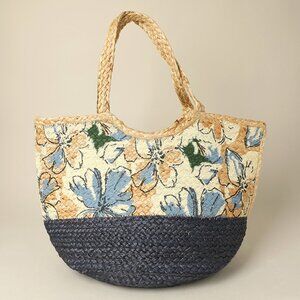 Jacinda Blue Two-Tone Botanical Garden Jute Straw Beach Summer Tote Bag Handbag
